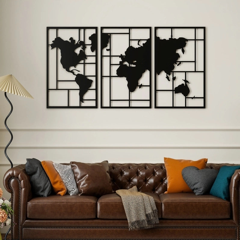 Décoration murale en métal 3 pièces carte du monde 150x80cm noir pour salon