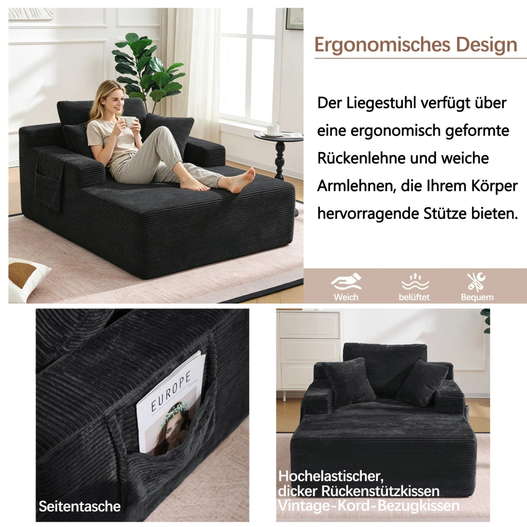 Divano Letto Convertibile con Tasche Laterali, Cuscini, in Corduroy Nero