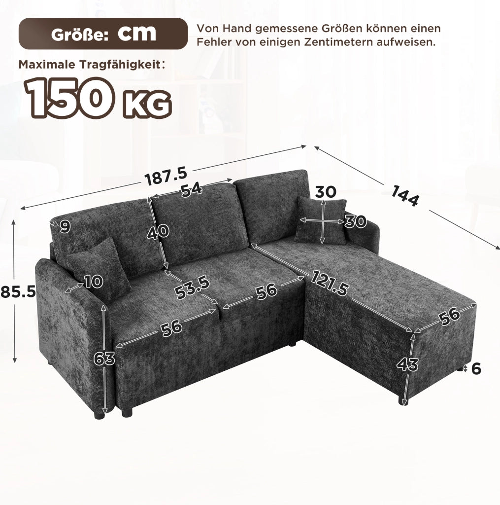 DIVANO 3 POSTI L con zona relax, Chenille nero, 2 cuscini inclusi