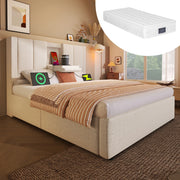 Letto imbottito 90x200 cm beige con contenitore, rete, materasso e testiera con USB/Type-C