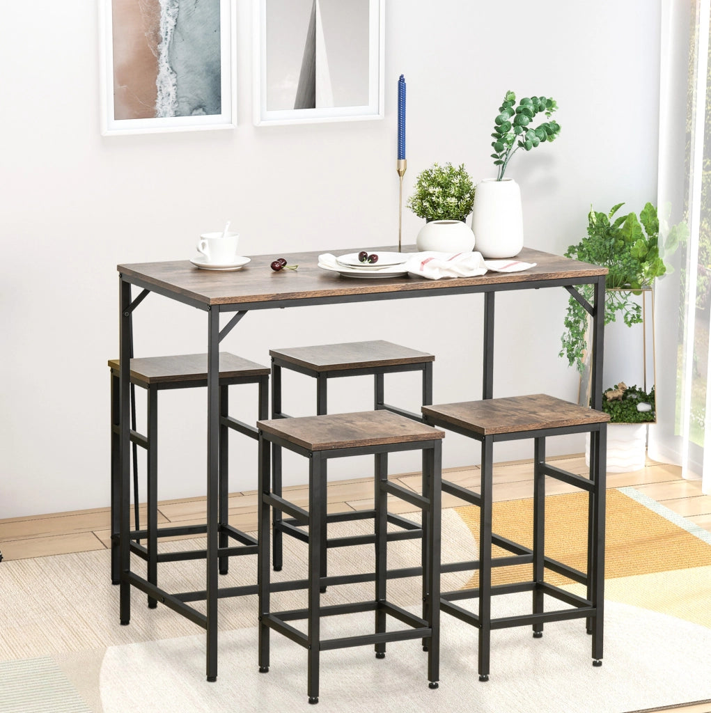 TAVOLO BAR con 4 Sgabelli 100x60x88 cm Marrone Rustico e Nero