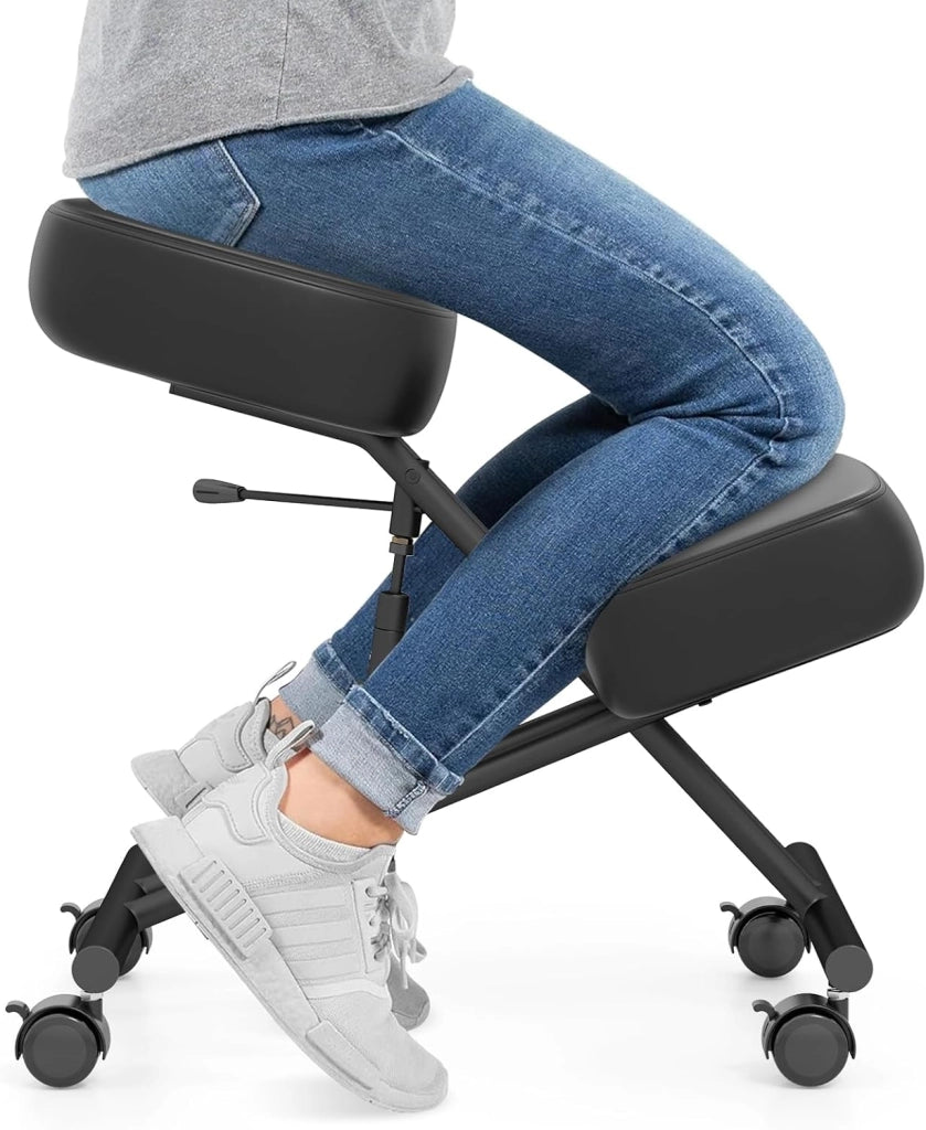 Sedia Ergonomica Inginocchiata con Ruote Universali Bloccabili, Sedia da Ginocchio Regolabile Posturale Struttura in Metallo, Sgabello Ergonomica per Casa e Ufficio, Nero
