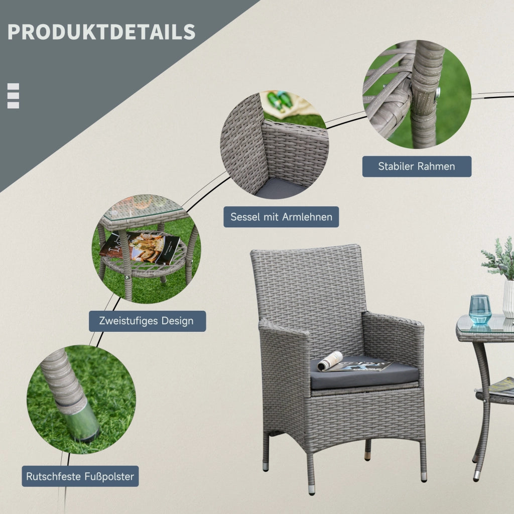 Set mobili da balcone 3 pezzi in rattan grigio con tavolino e cuscini sfoderabili