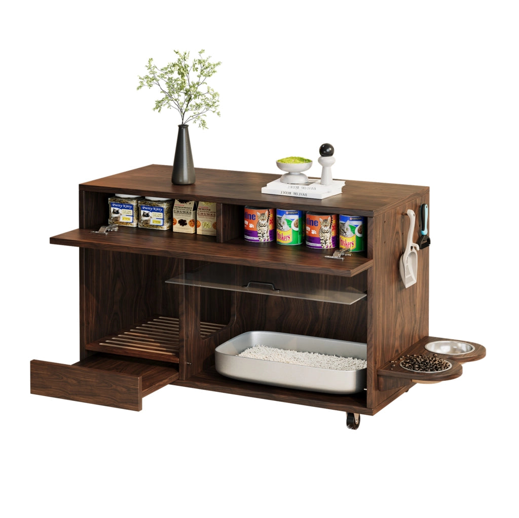 Mobile copri lettiera per gatti con cassetti e ruote; MDF noce; 100 x 45;5 x 67 cm