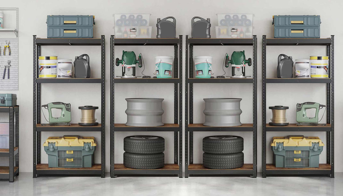 Kit 4 Scaffali stile industrial- vintage in acciaio e legno m. 75x30x150 Regolabili, per Soggiorno, Cucina, colore Marrone  e Nero