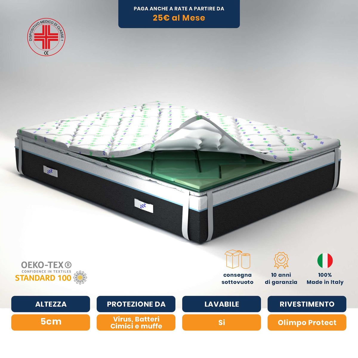 Topper una piazza e mezzo antivirale 120x190cm; Memory foam alto 5 cm; lavabile; Stop ai batteri; Fibra super soft; detraibile