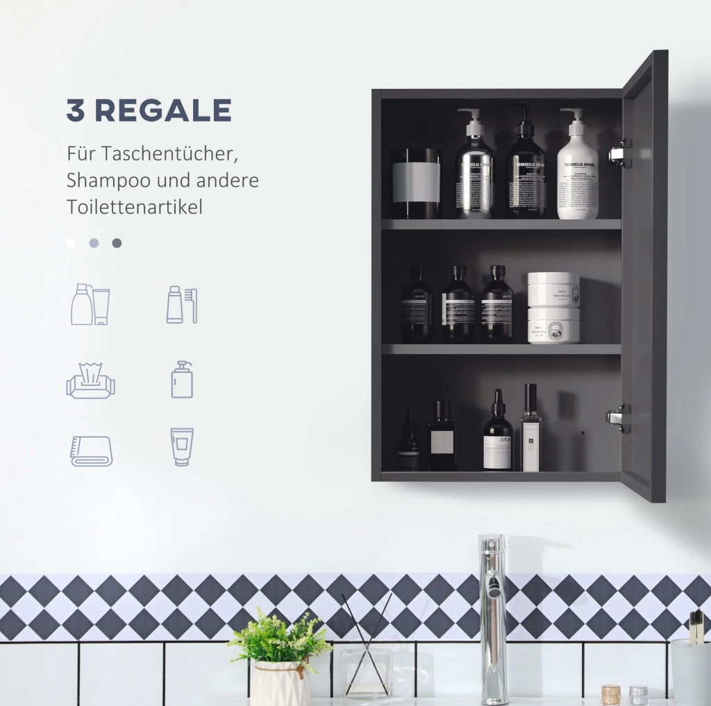 Mobile da bagno a parete con specchio, 3 ripiani, nero, 40x15x60 cm