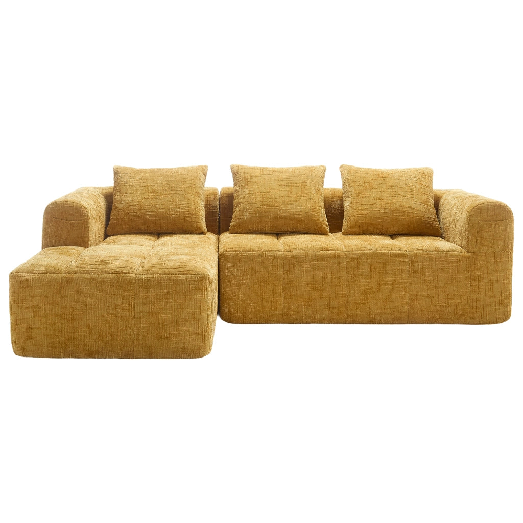 Divano componibile L in chenille gialla con chaise longue, tasche laterali e 3 cuscini