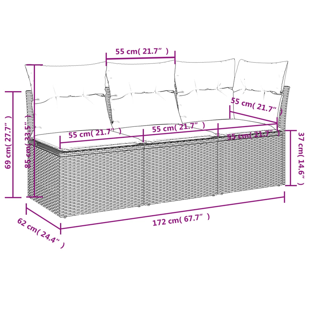 Divano da Giardino a 3 Posti con Cuscini Nero in Polyrattan 366041