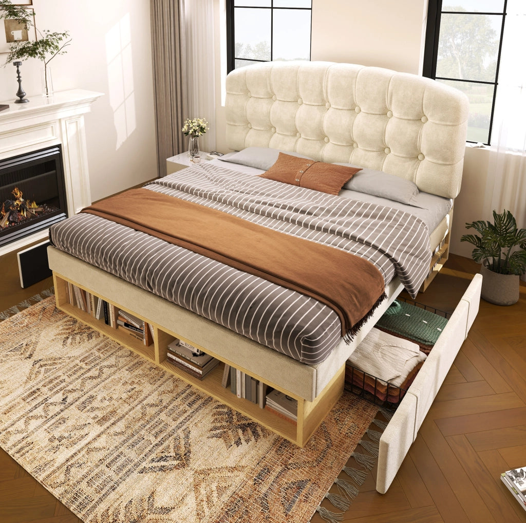 Letto singolo 90x200 imbottito in velluto beige con testiera regolabile, rete a doghe, cassetti e vani contenitore, giroletto senza materasso