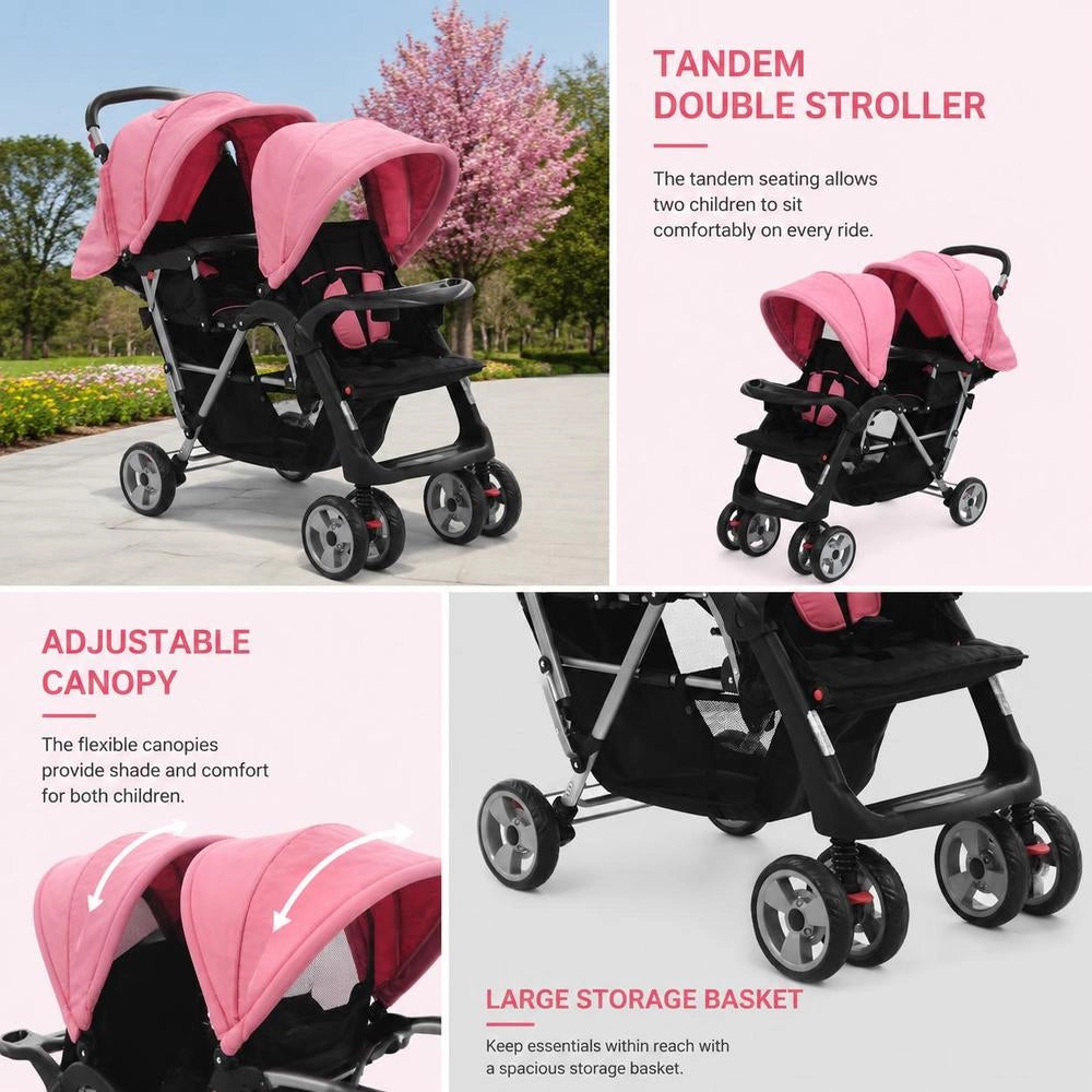 Tandem Stroller, Steel, Pink And Black