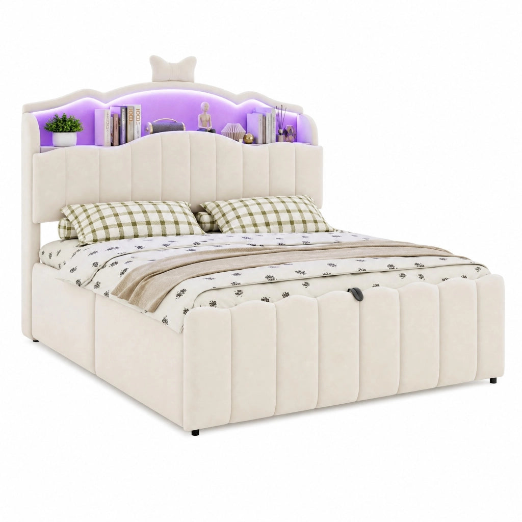 Letto imbottito 140x200 cm con vano contenitore idraulico; LED multicolore; USB e USB-C; velluto beige
