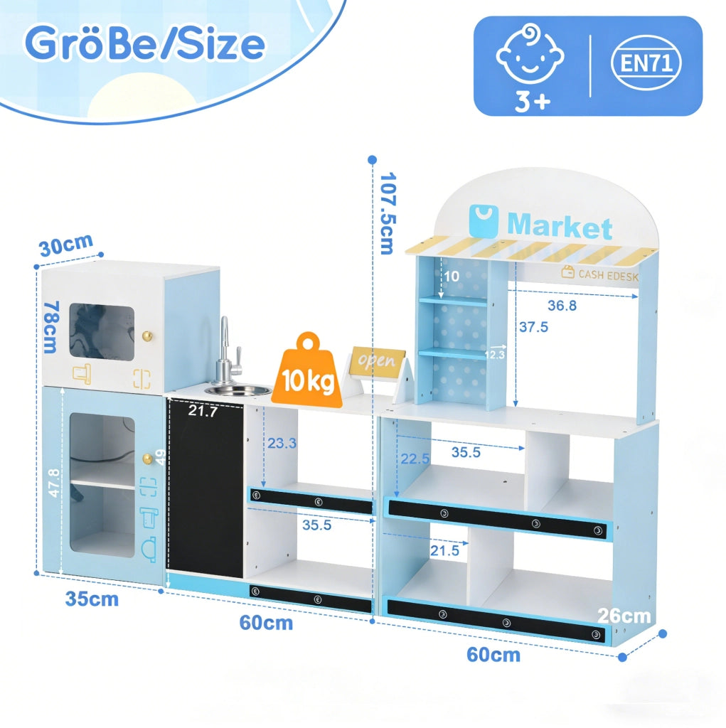 Negozio giocattolo 30x155x107,5 cm blu in MDF con lavagna
