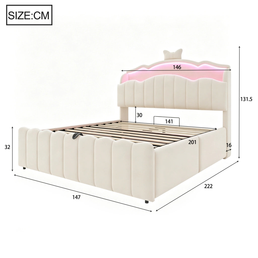 Letto imbottito 140x200 cm con vano contenitore idraulico; LED multicolore; USB e USB-C; velluto beige