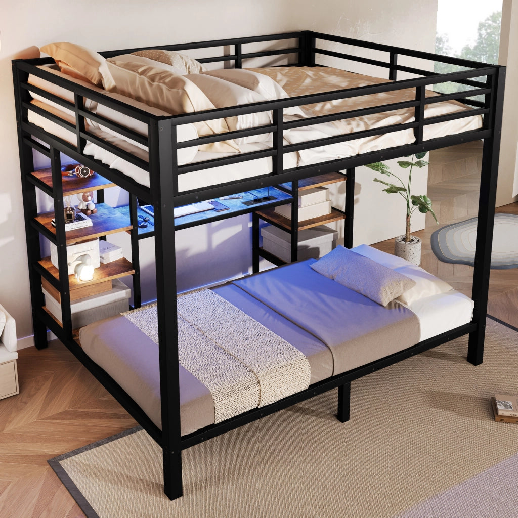 Letto a castello 90 × 200 cm e 140 × 200 cm in metallo e MDF nero con ripiani LED USB e Type-C