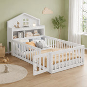 Letto per bambini 90x200 cm a casetta con lavagna, ripiani e barriera bianco