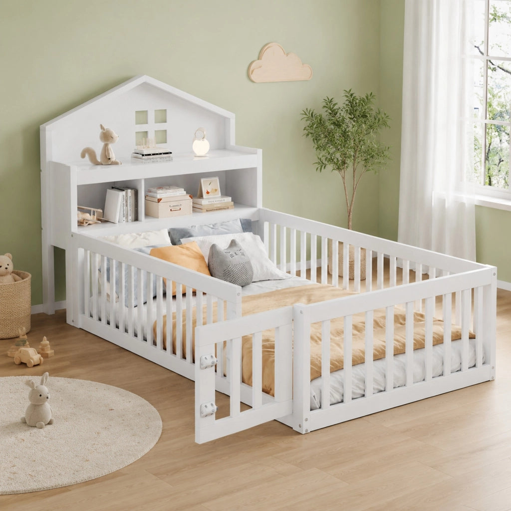 Letto per bambini 90x200 cm a casetta con lavagna, ripiani e barriera bianco