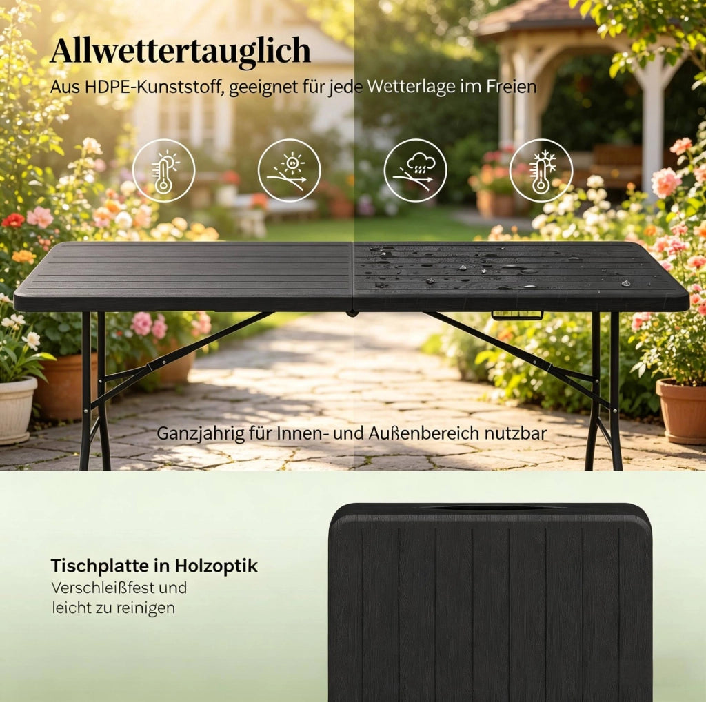 TAVOLO PIEGHEVOLE 180x74x70 cm HDPE e Metallo Nero