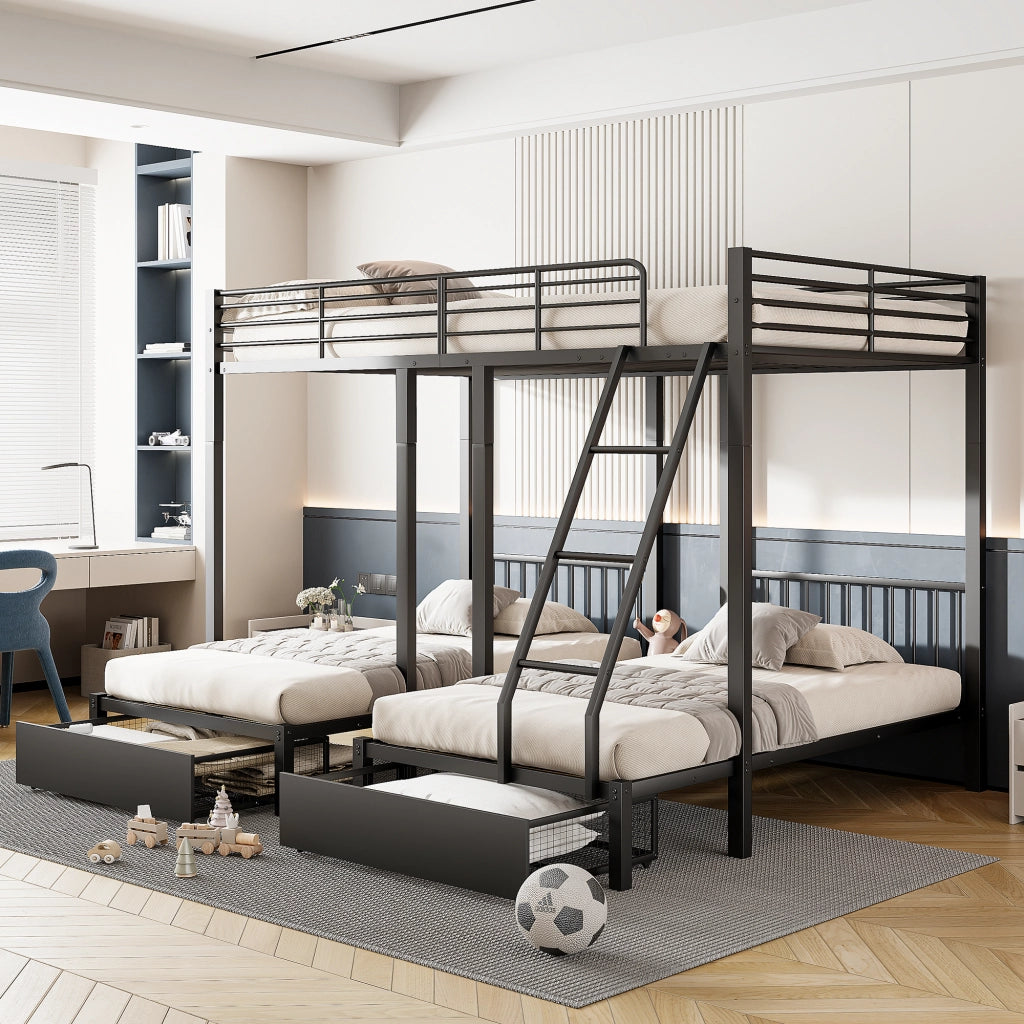 Letto a castello triplo in metallo con cassetti estraibili, trasformabile in 3 letti separati 140 x 200 e 90 x 200