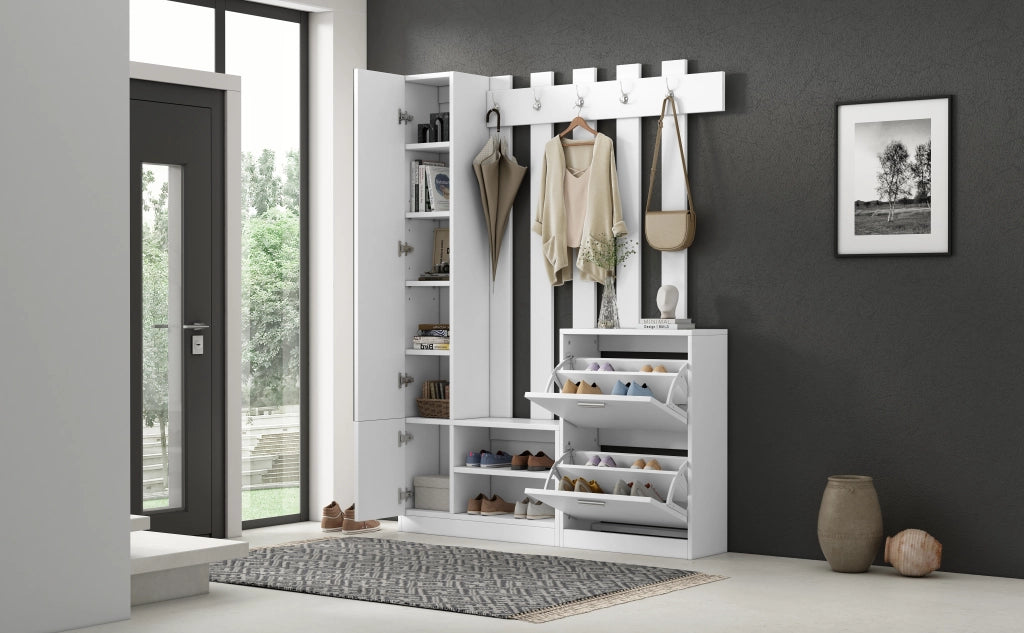 Mobile Ingresso con Specchio e Scarpiera Guardaroba Bianco 135x25x180 cm