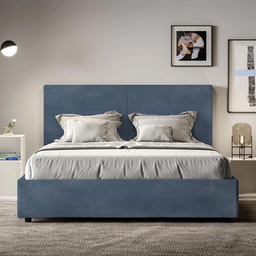 Letto 1 Piazza E Mezzo 130x190 cm con Rete Imbottito in Microfibra Mika Blu