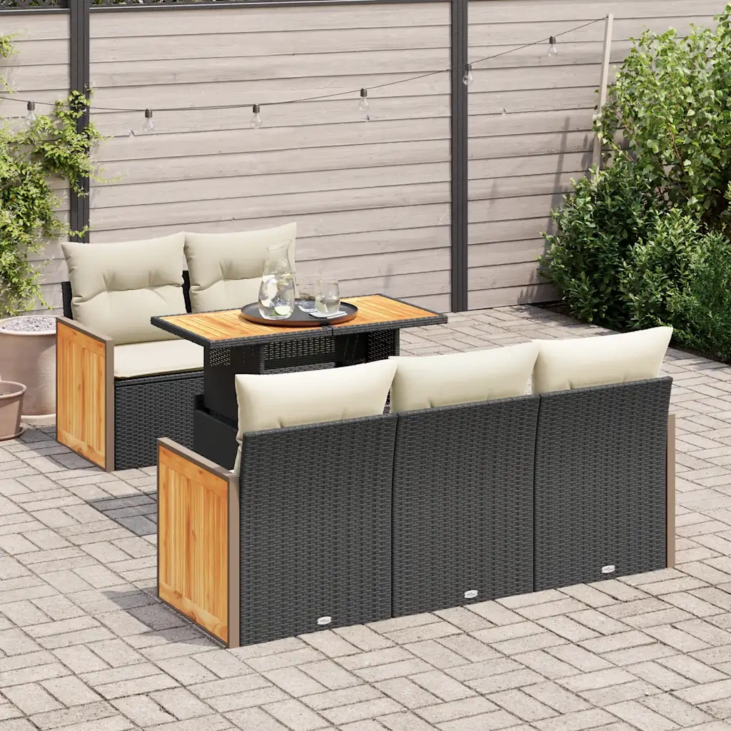 Set Divano da Giardino 6 pz con Cuscini Nero Polyrattan Acacia 3327661