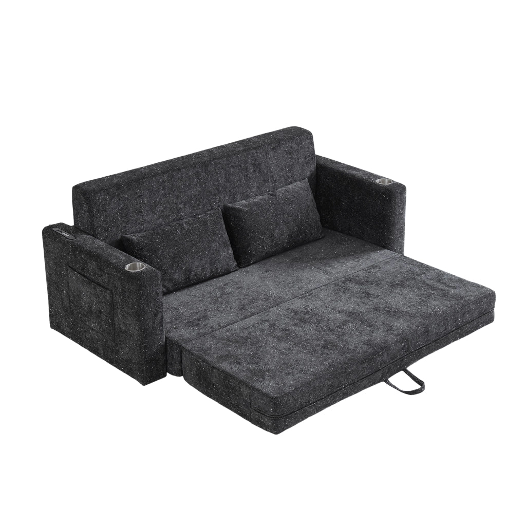 Divano letto pieghevole 2 posti 2 in 1 in ciniglia nero e grigio con USB