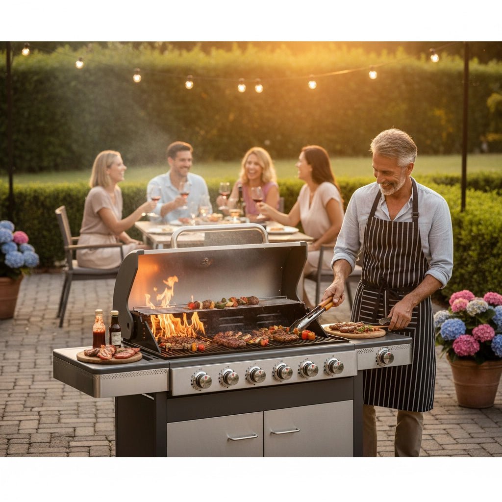 Barbecue a Gas GPL 6 Fuochi + 1 Fornello Laterale Ompagrill Indianapolis 7/B in Acciaio Inox