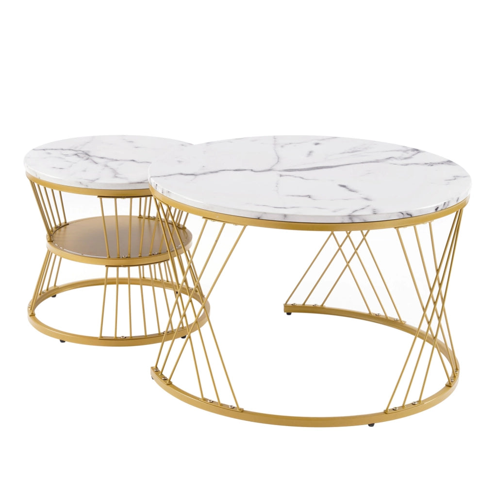 TAVOLINO da caffè set 2 pezzi rotondo impilabile 70/45 cm MDF bianco e oro