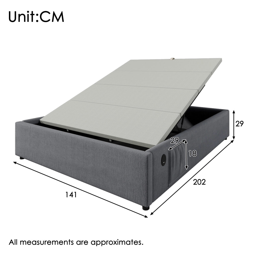 LETTO Contenitore 140x200 cm Grigio in lino con USB e Type-C