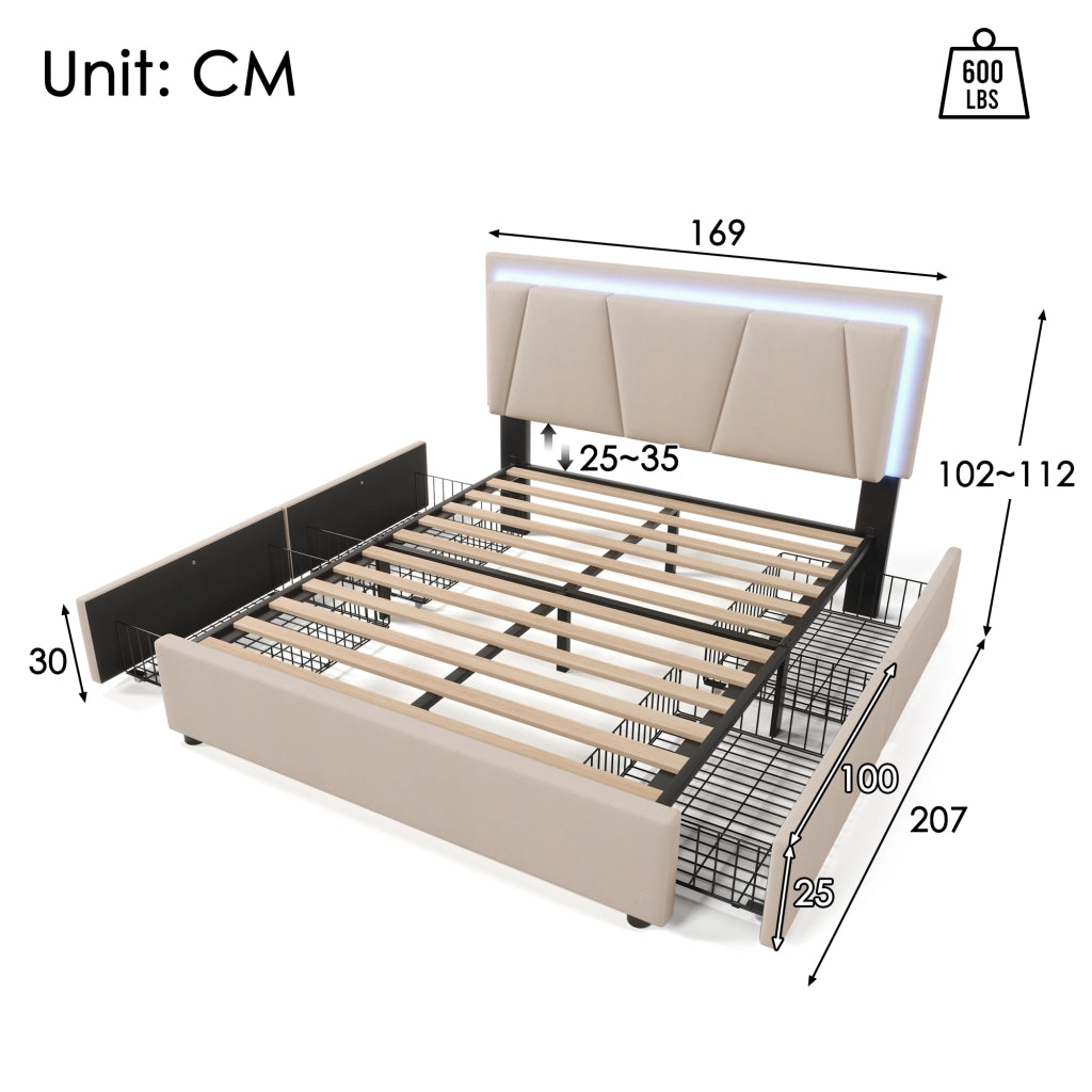 Letto matrimoniale imbottito 160x200 cm beige con 4 cassetti