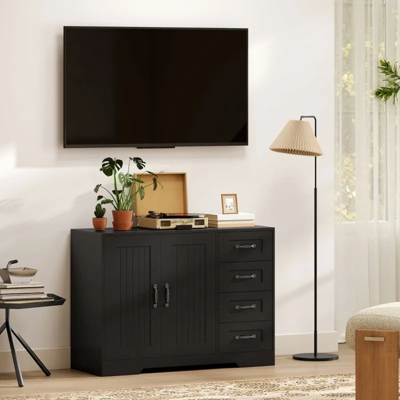 Sideboard moderno nero, 105 x 40 x 76 cm, con 4 cassetti e 1 anta