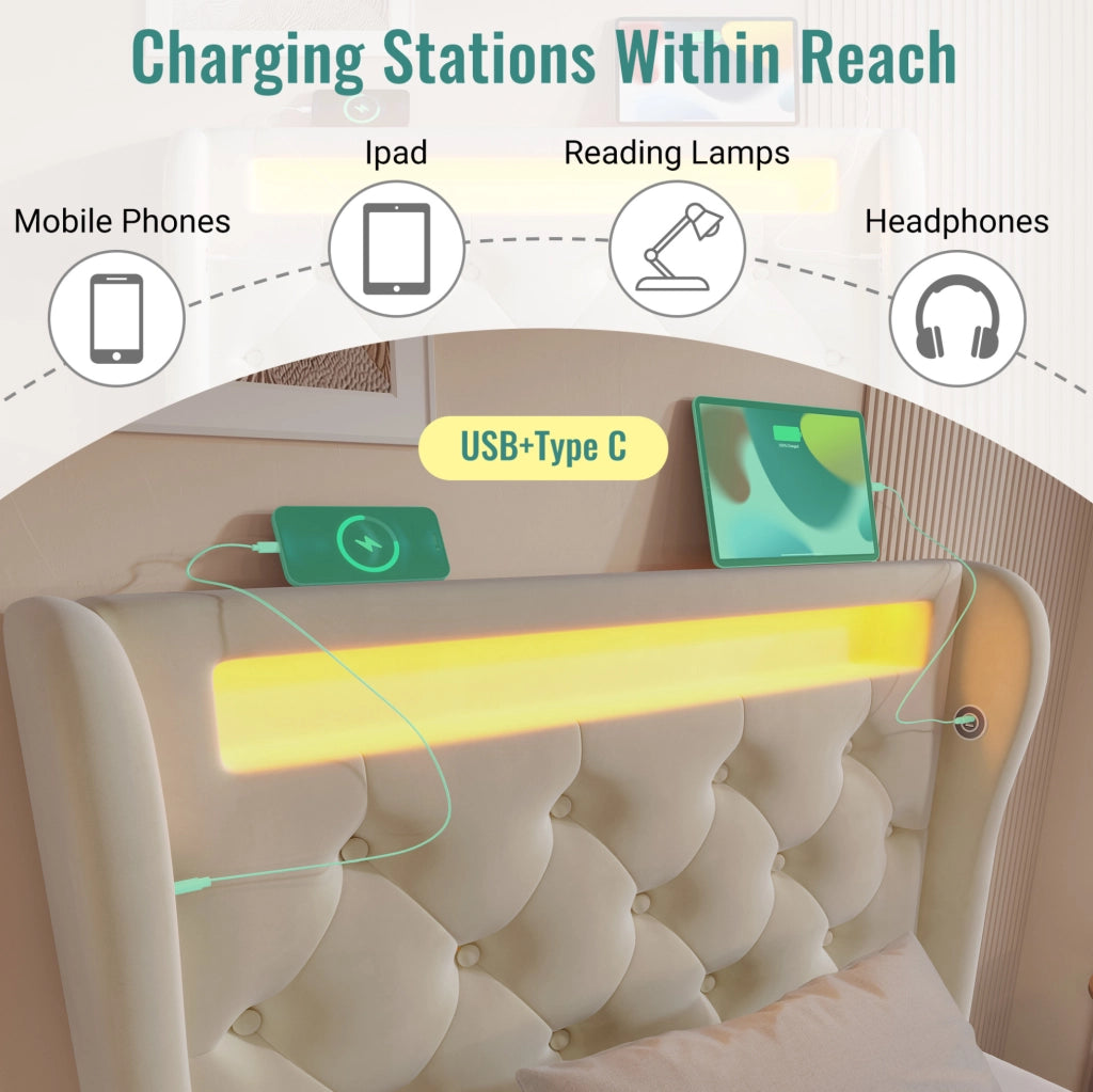 LETTO contenitore 90x200 cm in velluto beige con LED, USB e Type-C con materasso
