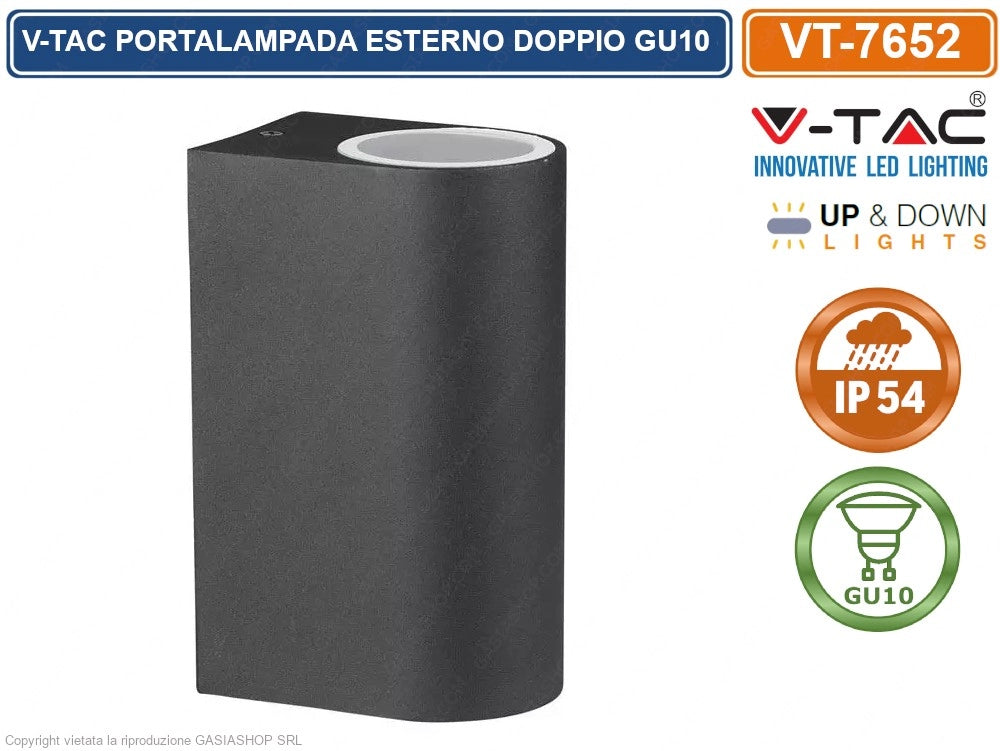 V-TAC VT-7652 PORTALAMPADA DOPPIO WALL LIGHT DA MURO PER 2 LAMPADINE GU10 IP44 NERO - SKU 7509