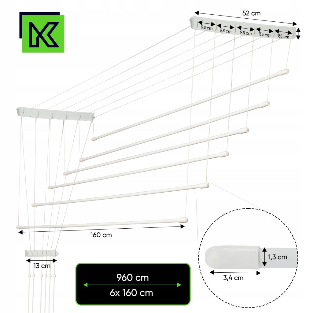 Stendibiancheria da soffitto KADAX per bagno, 6 barre, 160 cm, resistente e robusto.