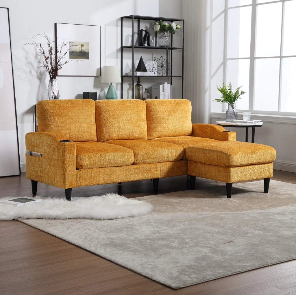 DIVANO 4 POSTI 196,5x75x77 cm in Chenille Giallo con Pouf e Contenitore