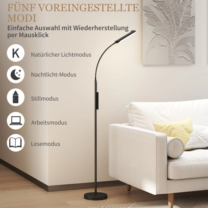 Lampada da Terra LED Dimmerabile con Telecomando e Controllo Touch, Collo d'Oca Regolabile a 360°, Timer 1 Ora, Funzione Memory, Nero