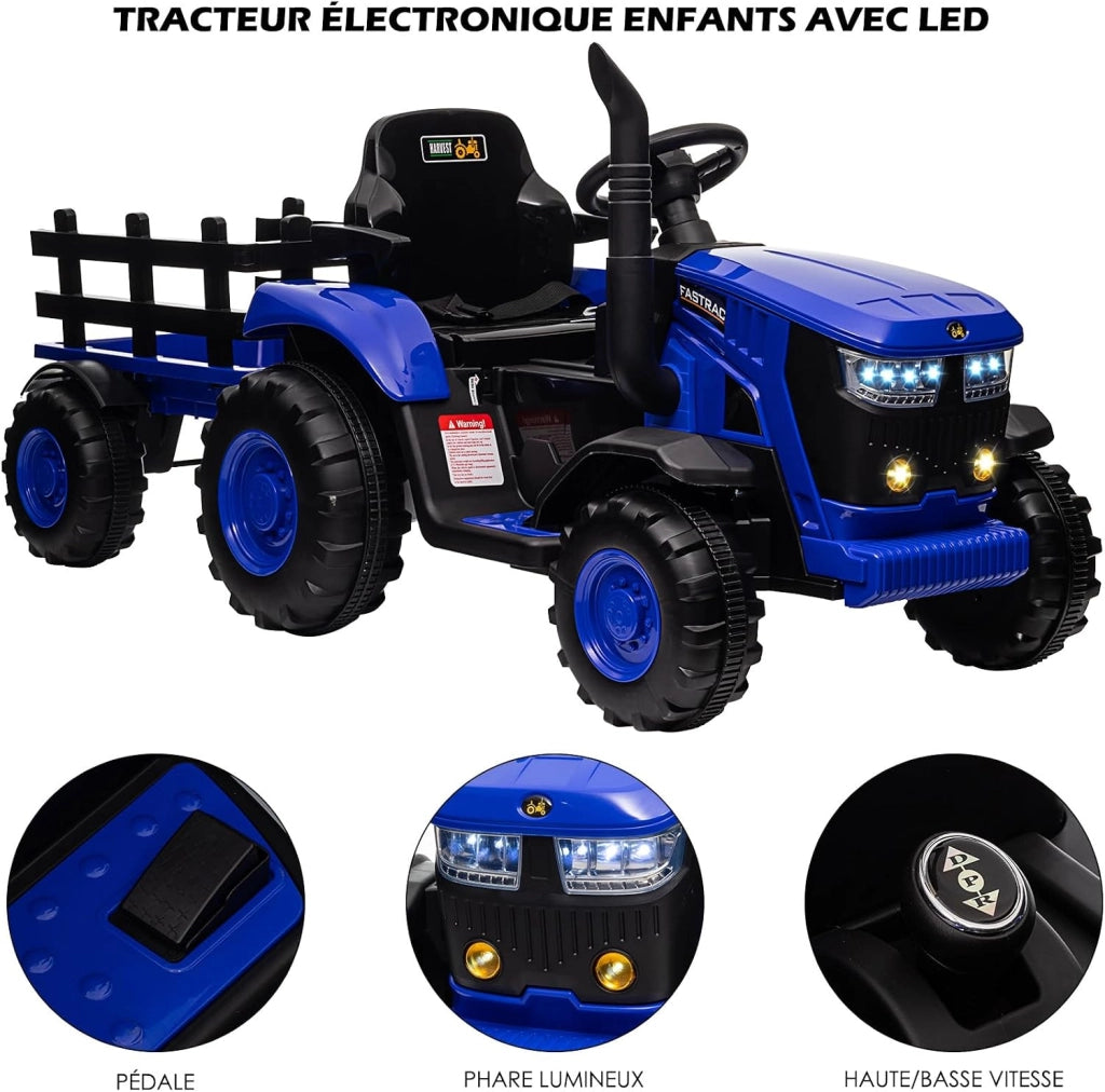 Trattore elettrico per bambini con rimorchio rimovibile e telecomando.