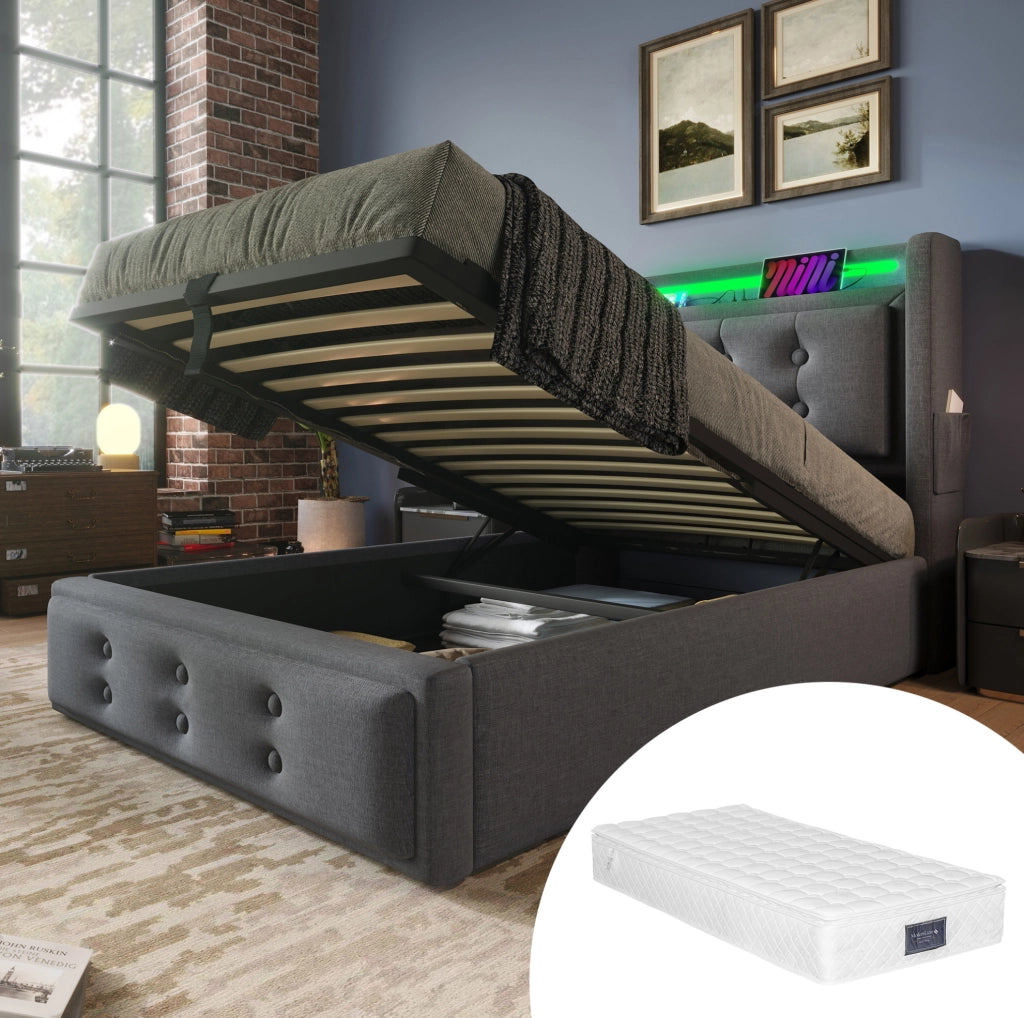 LETTO 90x200 cm con testiera LED e USB, cotone-lino grigio, materasso incluso