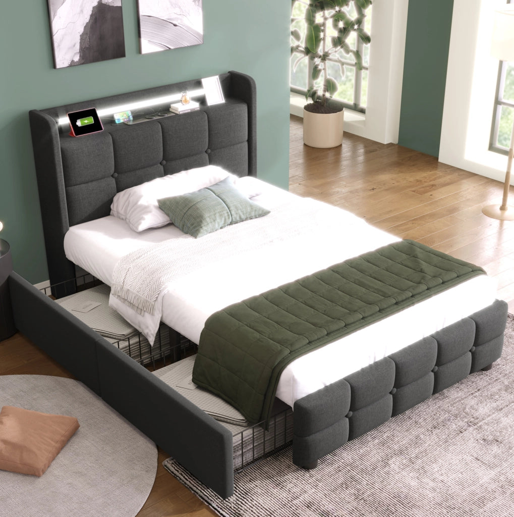 Letto singolo imbottito grigio 90 x 200 cm con LED, prese, USB e 2 cassetti