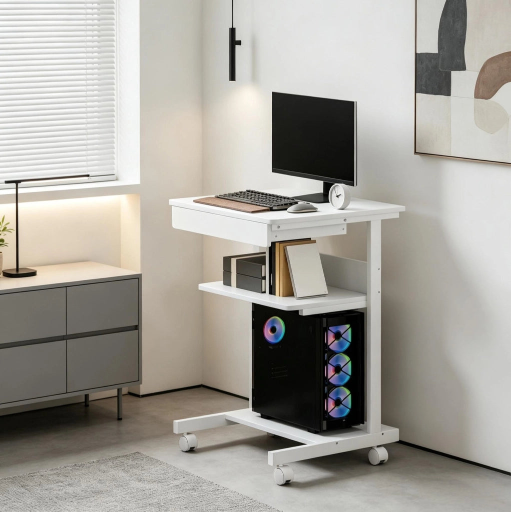 Scrivania per computer con ruote, 56x51 cm, con cassetto, ripiano e supporto CPU, per ufficio e home office, bianca