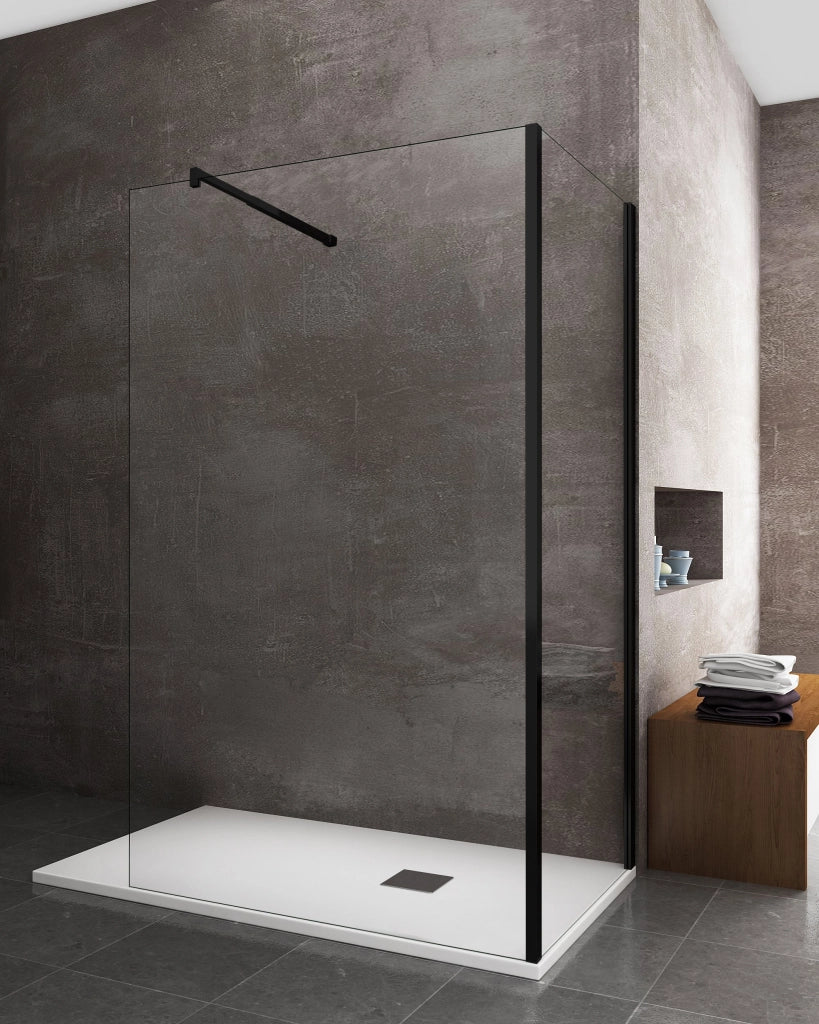 Parete Doccia Angolare walk-in h 200 vetro 8MM trasparente Telaio Nero con Accessori - 80X120 REVERSIBILE