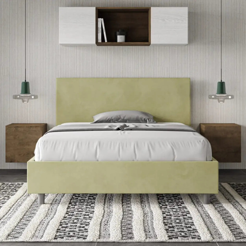 Letto matrimoniale francese senza rete imbottito 140x200 microfibra tè verde Adele