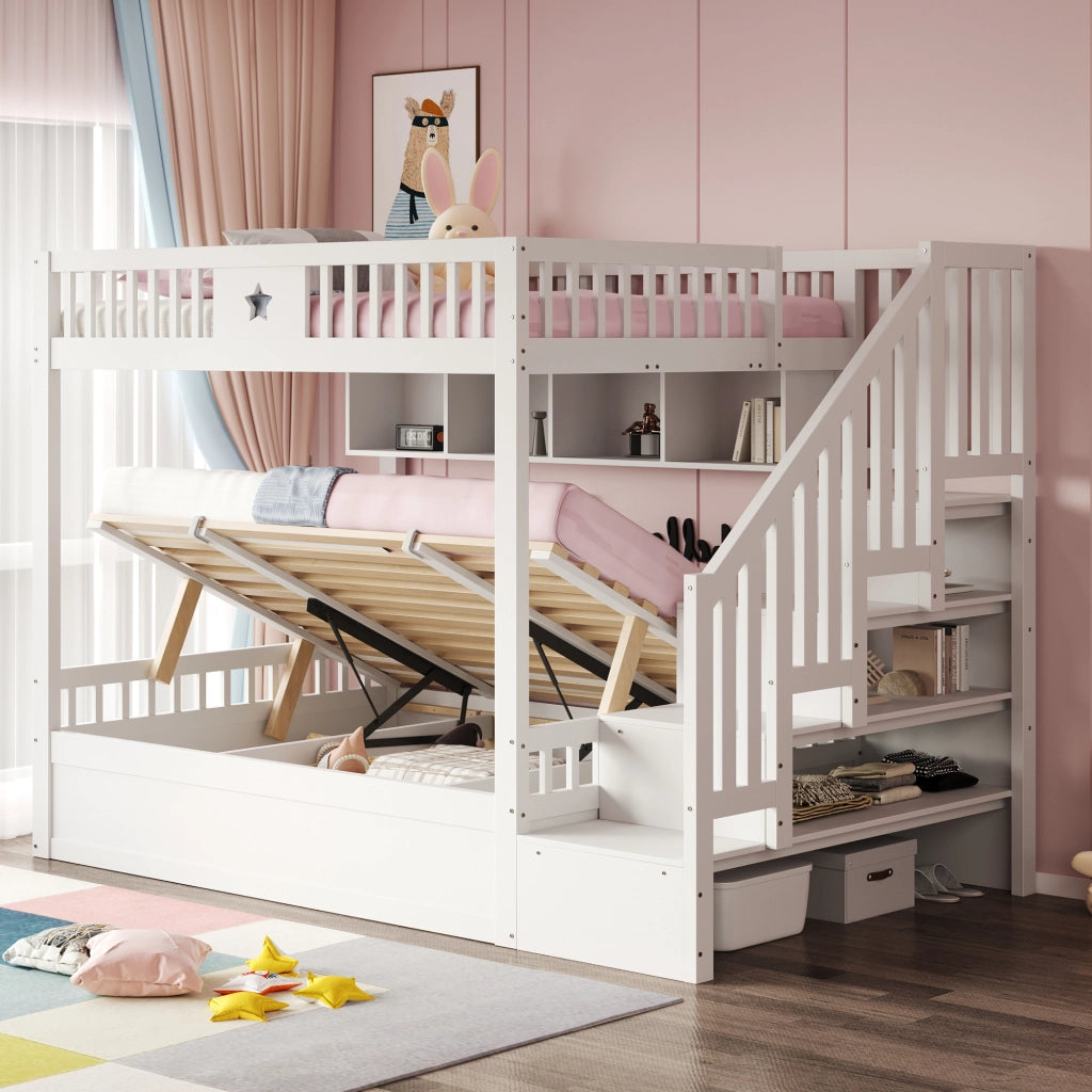 Letto a castello 140x200 cm in legno con contenitore; scala e scaffali; bianco