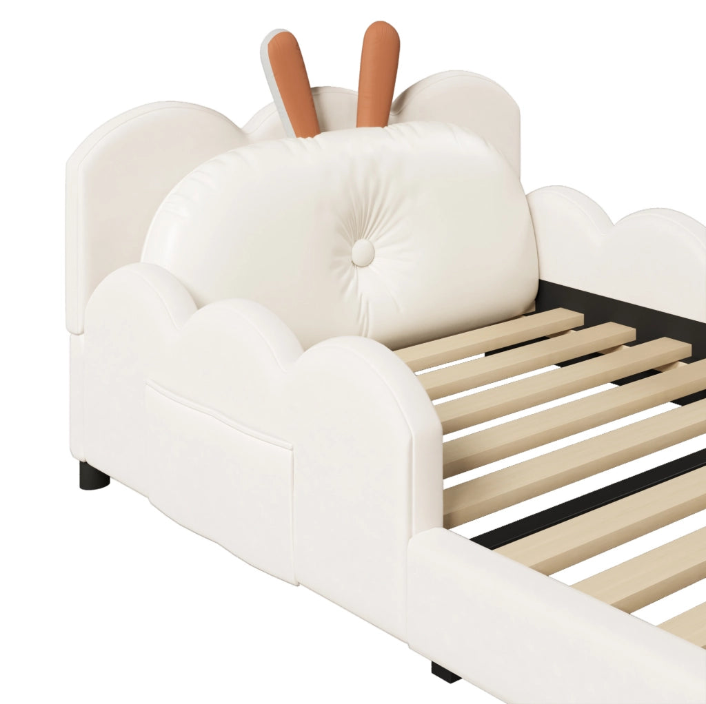Letto a piattaforma imbottito 90x200 cm con cuscino a forma di coniglio; beige
