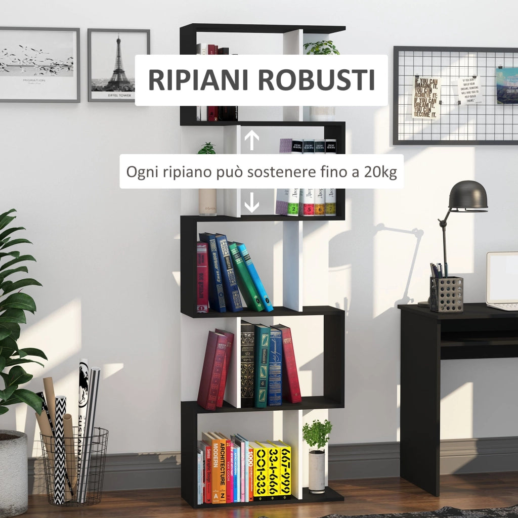 Libreria da Muro Moderna 5 Ripiani in Legno Bianco e Nero 60x24x1184.5 cm