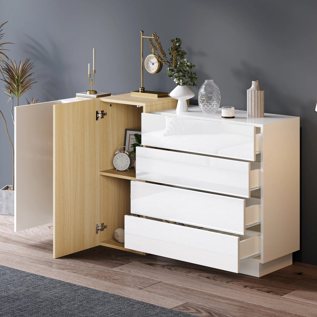 Credenza bianca lucida 140 cm con 4 cassetti e 2 ante; in MDF