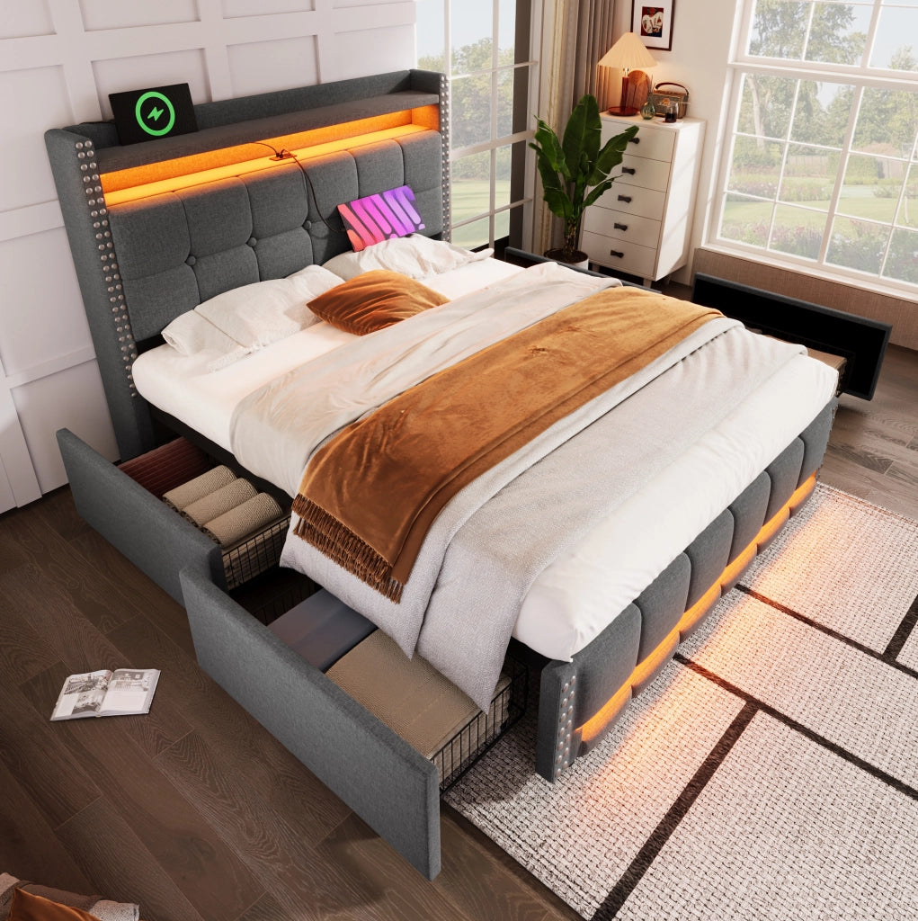 Letto matrimoniale imbottito 160x200 cm grigio con LED; USB; ripiani e 4 cassetti