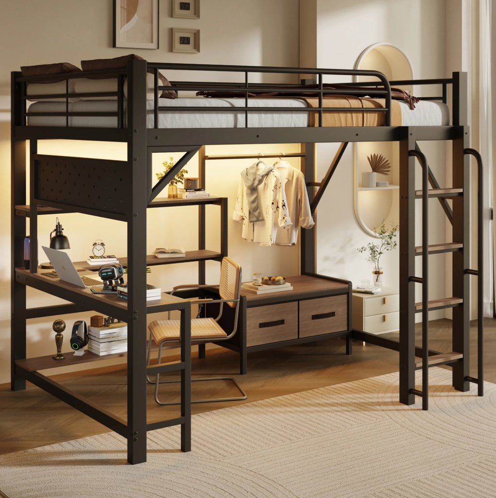 Letto a soppalco 140x200 cm con scrivania, scaffali, LED e USB