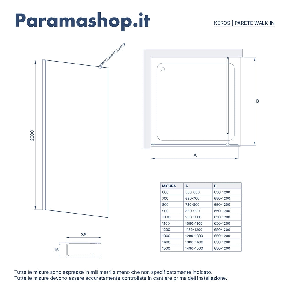 Doccia walk-in 80 cm vetro 8mm anticalcare trasparente h200 profili cromo | Keros